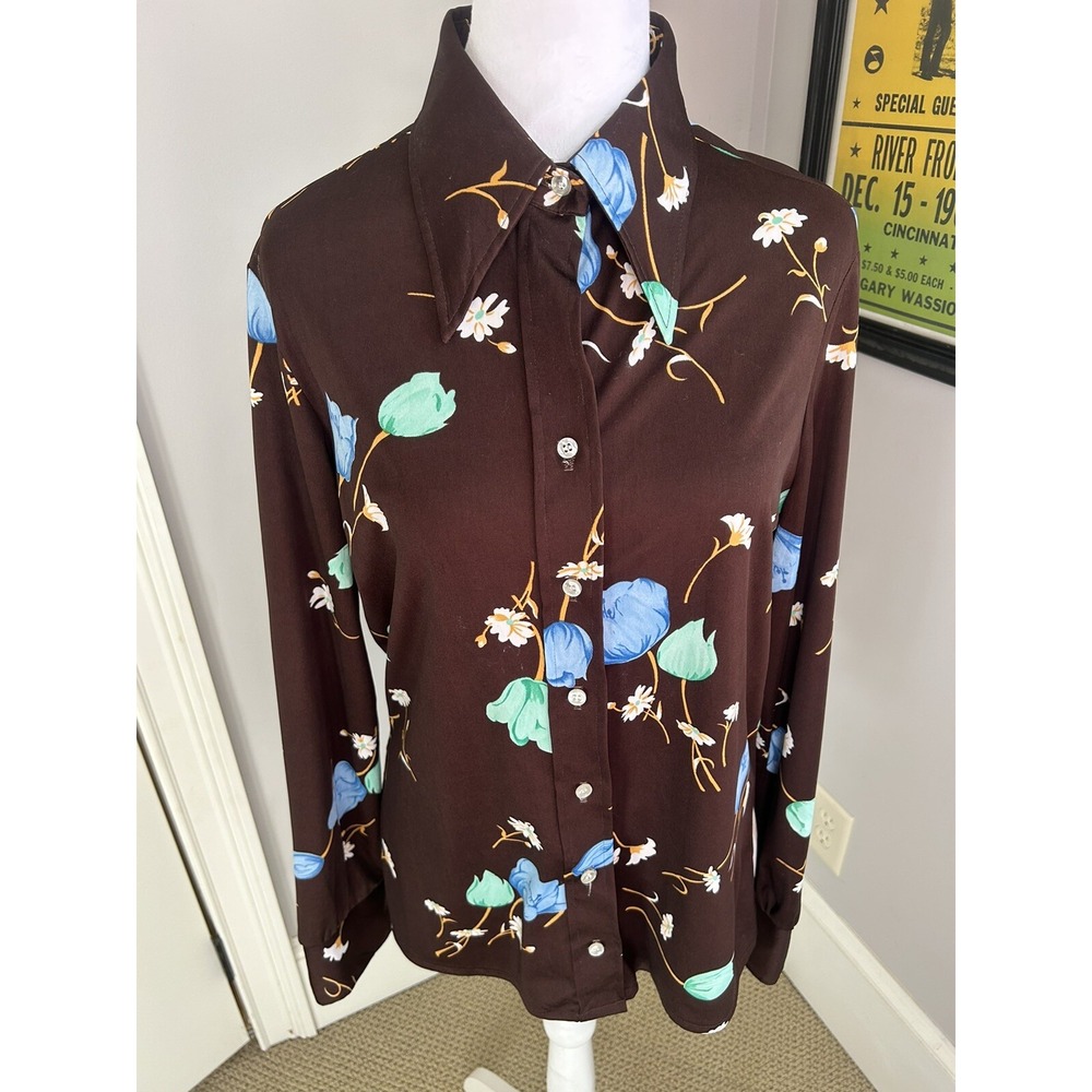 Vintage 70s Ultriana Polyester Brown Floral Button  Blouse‎ Shirt Long Sleeve M